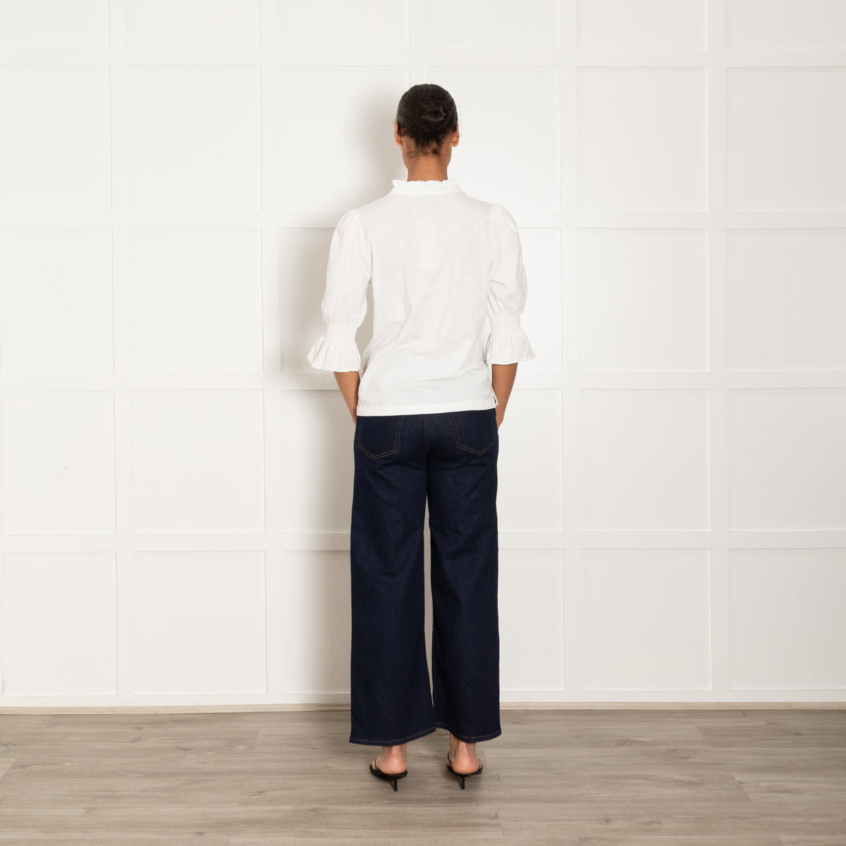 Wyse White Cotton Frill Detail 3/4 Sleeve Top