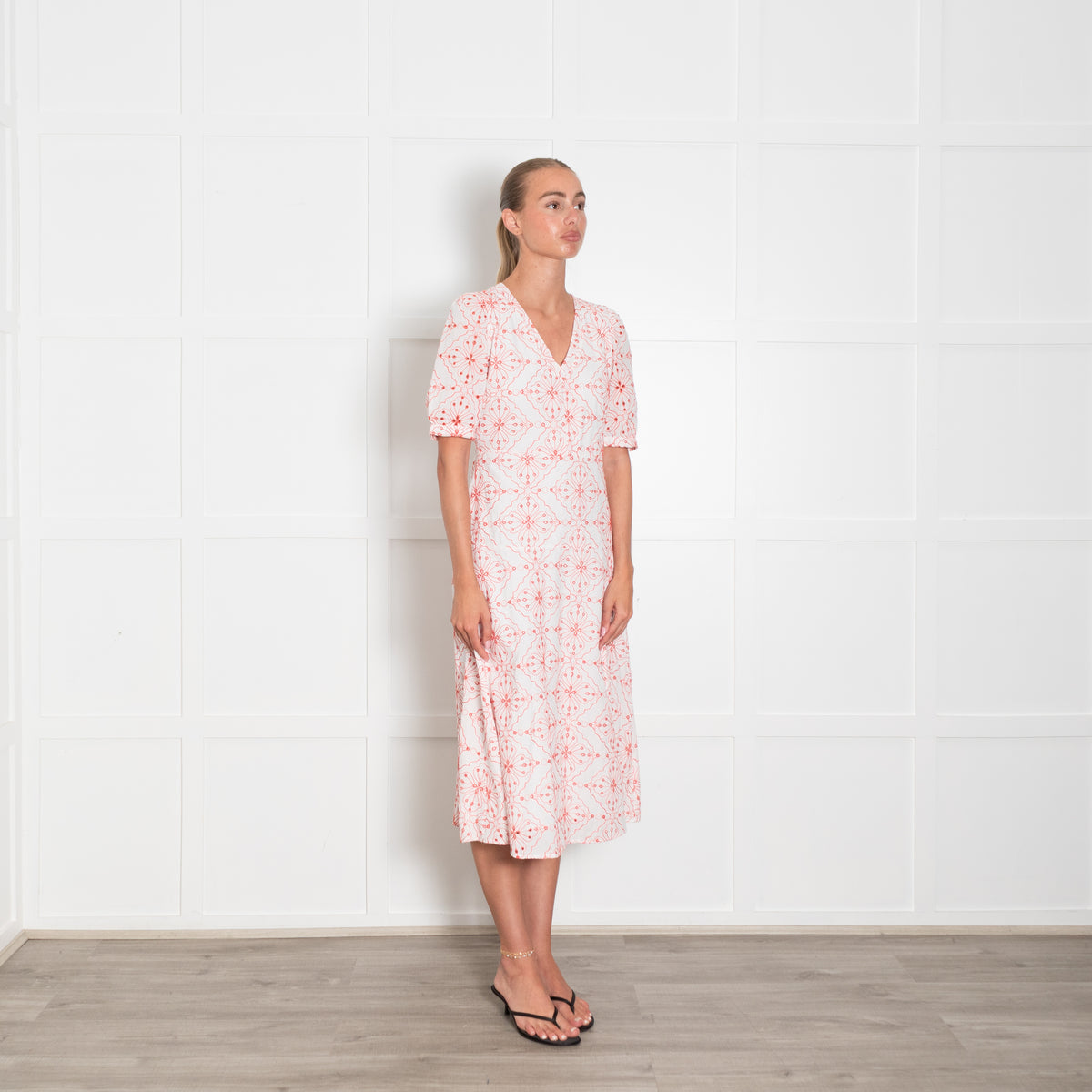 Emme Marella White Orange Broidery Short Sleeved Dress