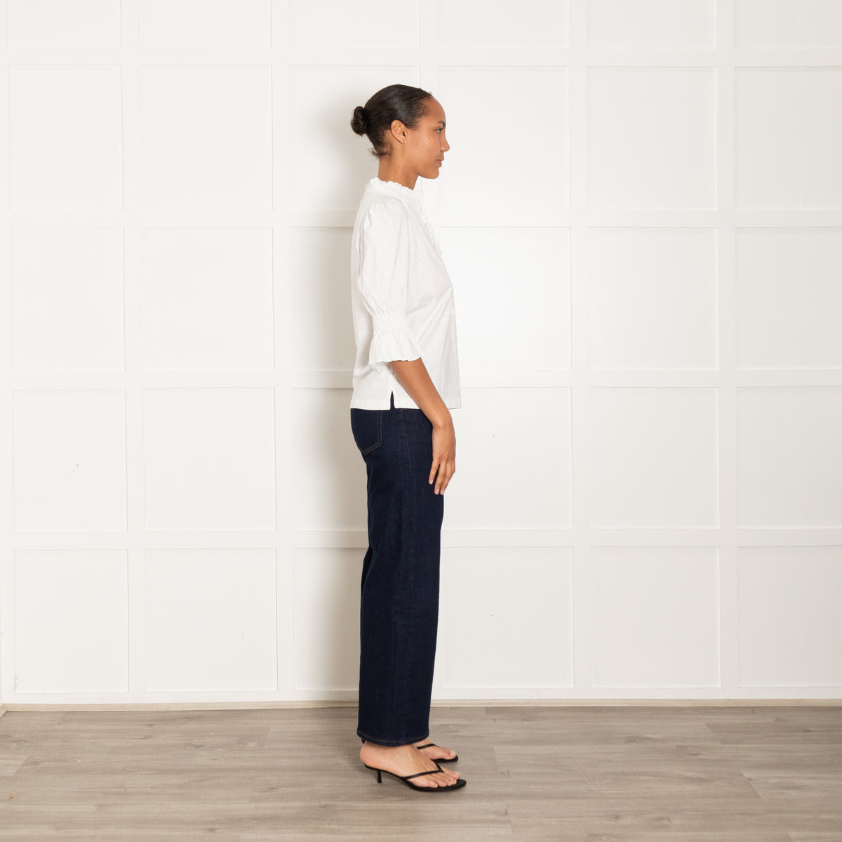 Wyse White Cotton Frill Detail 3/4 Sleeve Top