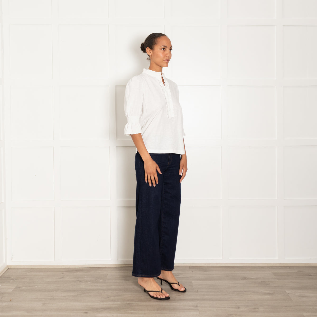 Wyse White Cotton Frill Detail 3/4 Sleeve Top
