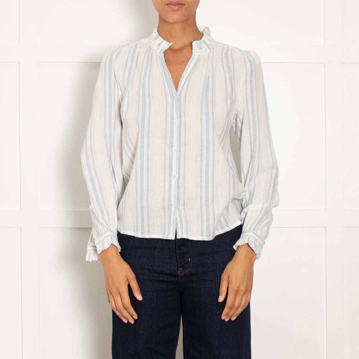 M.A.B.E White Blue Cheese Cloth Frill Detail Blouse