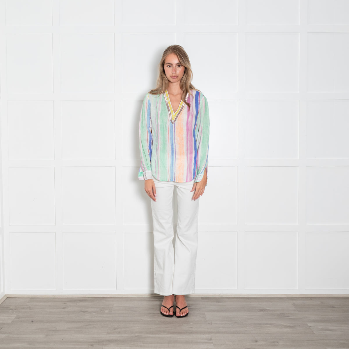 120% Lino Multicolourd Stripe V Neck Top