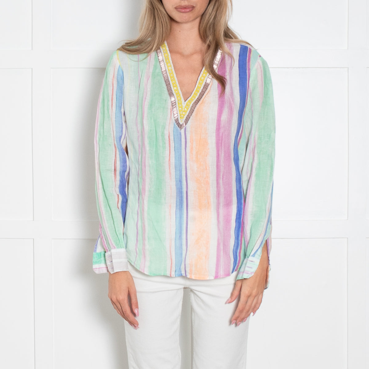 120% Lino Multicolourd Stripe V Neck Top