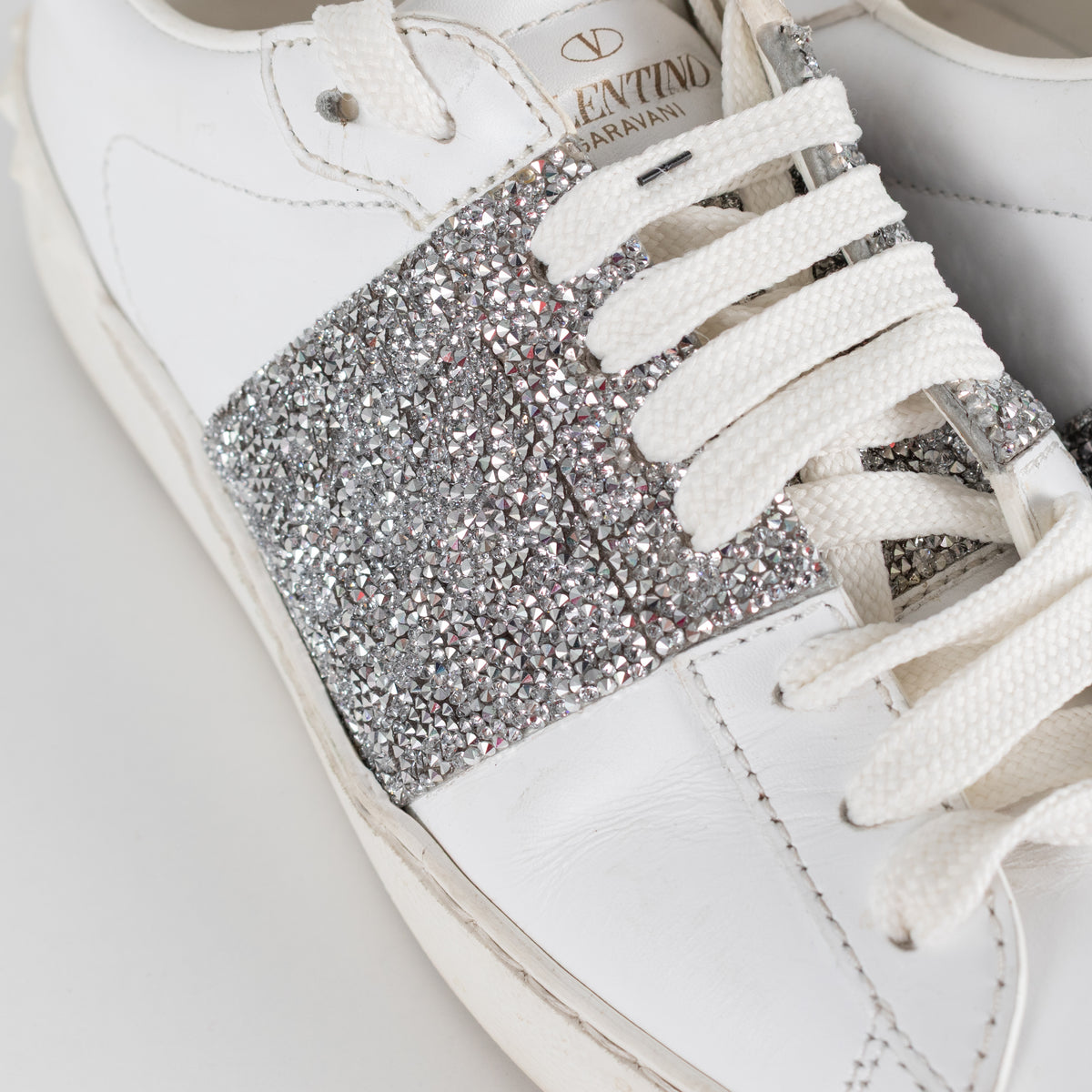 Valentino Garavani White Leather Silver Glitter Trainers