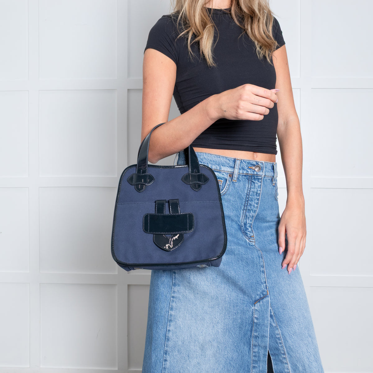 Tila March Navy Bag with Patent Trim