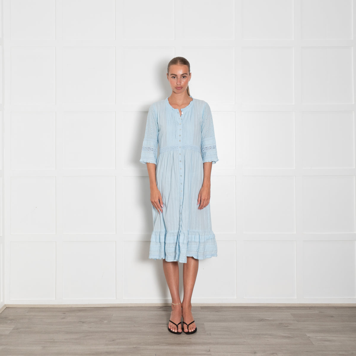 Aspiga Ice Blue Cotton Broidery Sleeved Dress & Slip