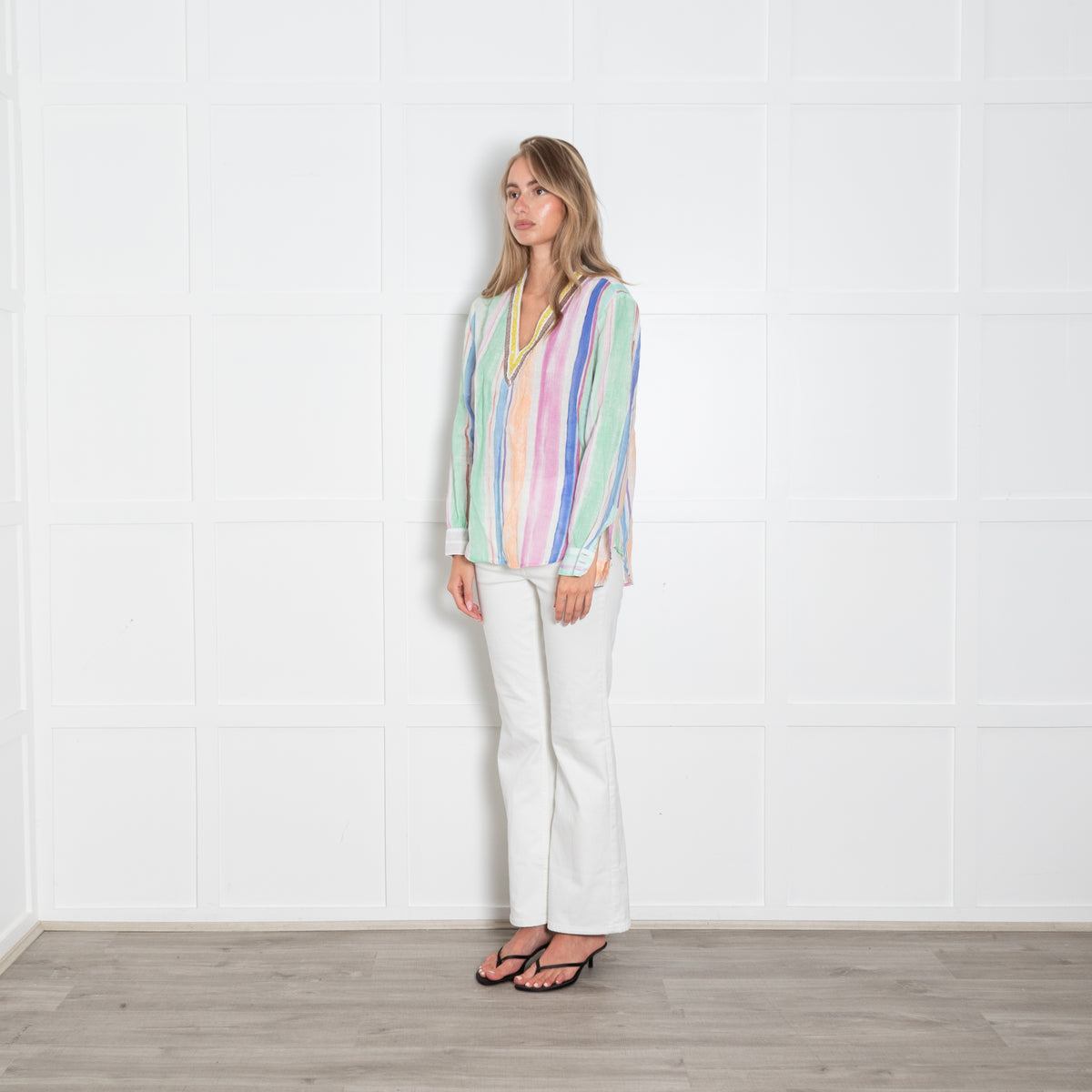 120% Lino Multicolourd Stripe V Neck Top