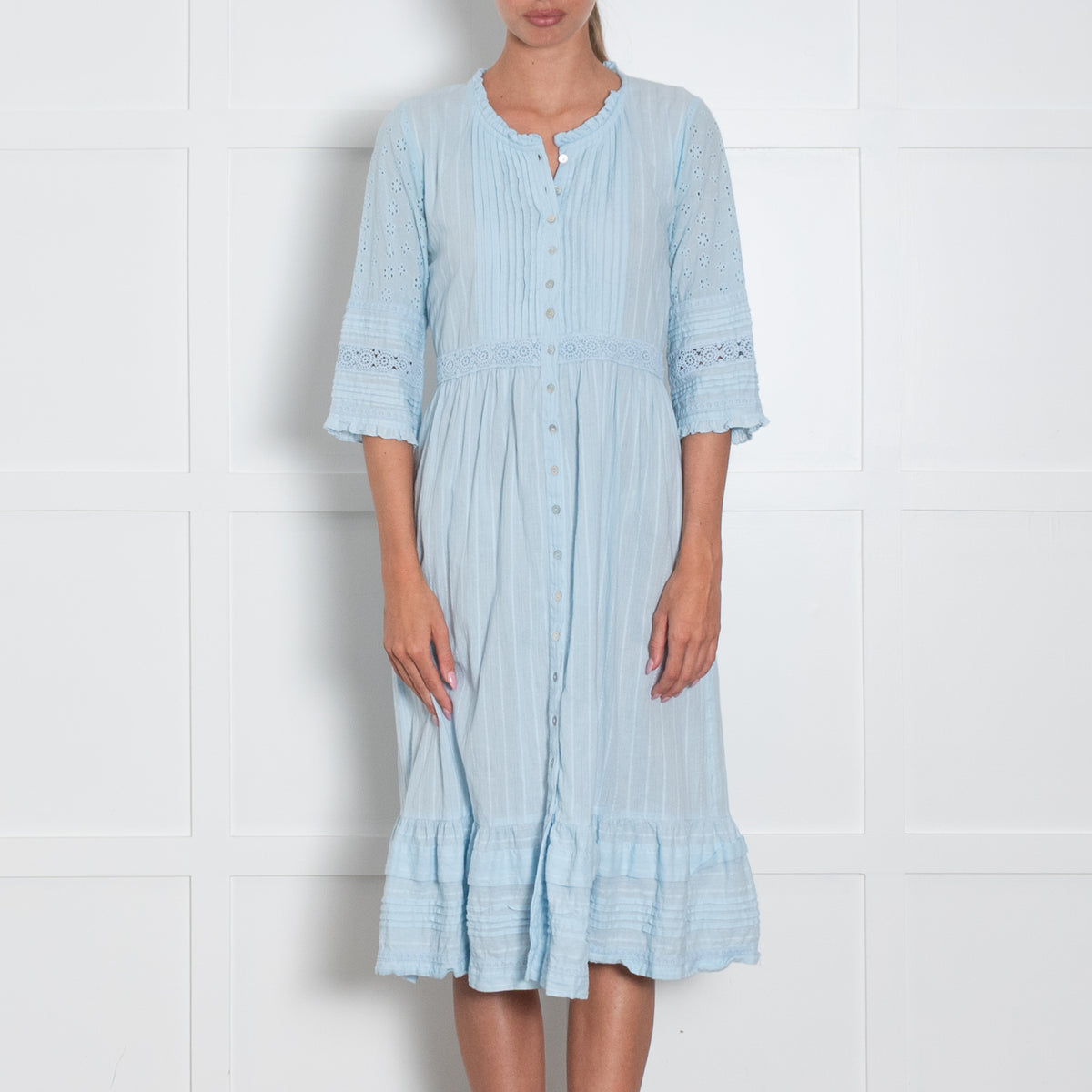 Aspiga Ice Blue Cotton Broidery Sleeved Dress & Slip