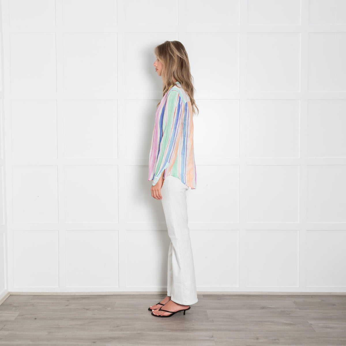 120% Lino Multicolourd Stripe V Neck Top