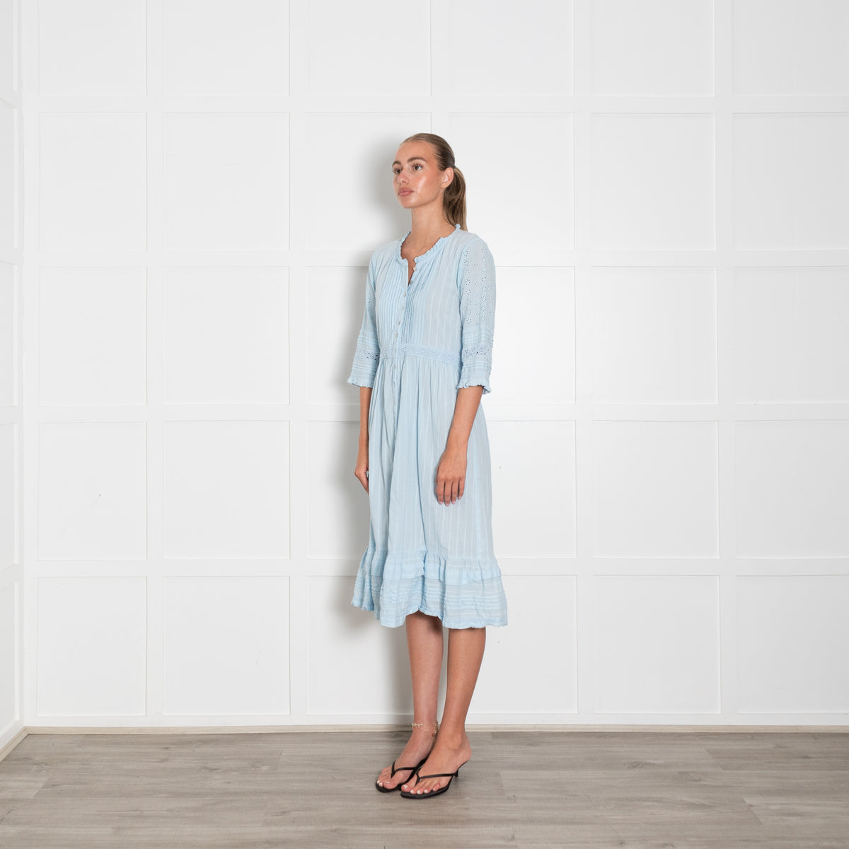 Aspiga Ice Blue Cotton Broidery Sleeved Dress & Slip