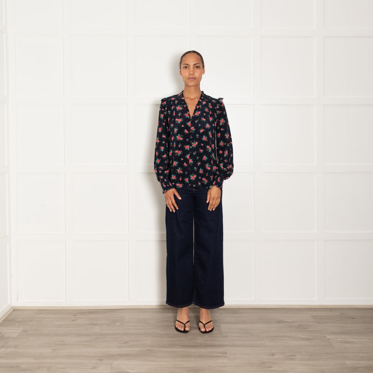 Cefinn Navy Blue Red Pink Rose Print Silk Blouse
