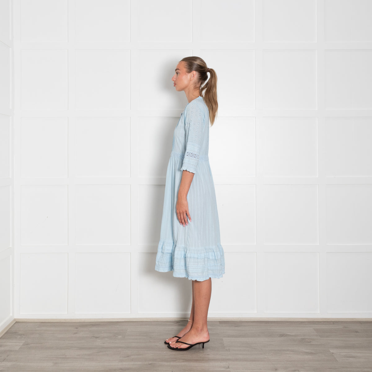 Aspiga Ice Blue Cotton Broidery Sleeved Dress & Slip