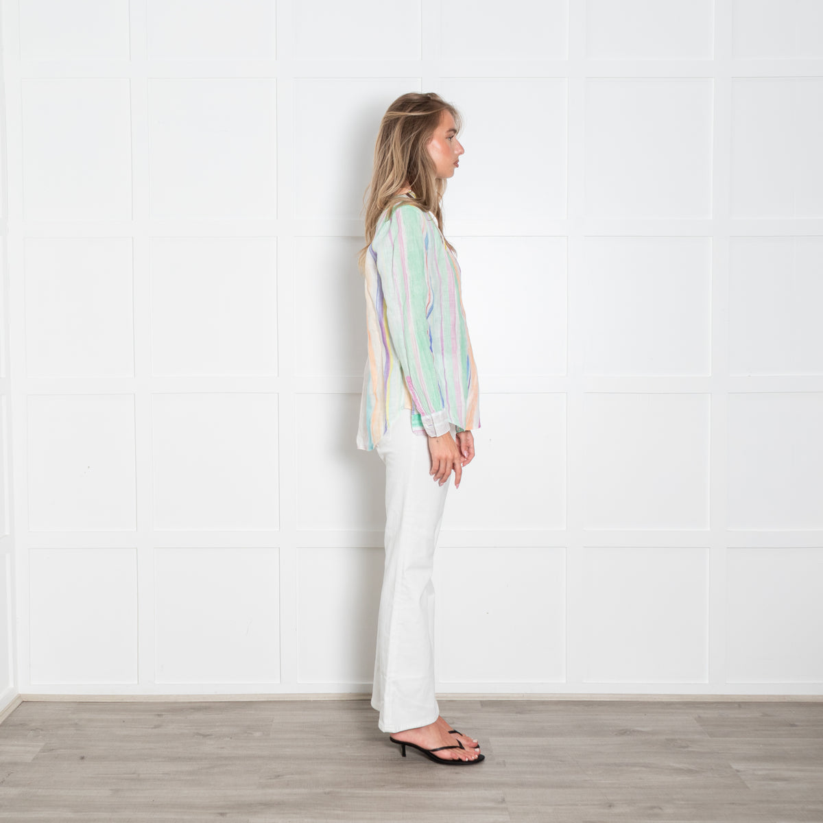 120% Lino Multicolourd Stripe V Neck Top
