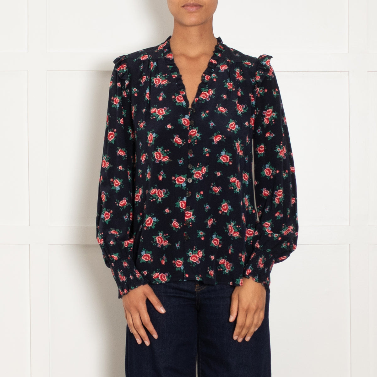 Cefinn Navy Blue Red Pink Rose Print Silk Blouse