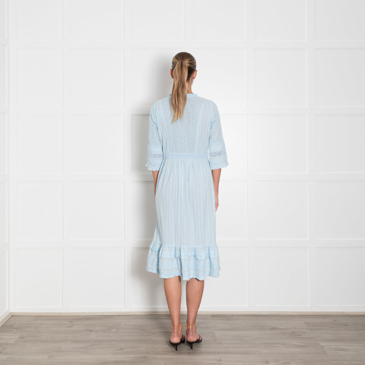 Aspiga Ice Blue Cotton Broidery Sleeved Dress & Slip