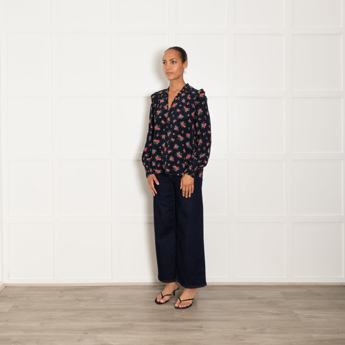 Cefinn Navy Blue Red Pink Rose Print Silk Blouse