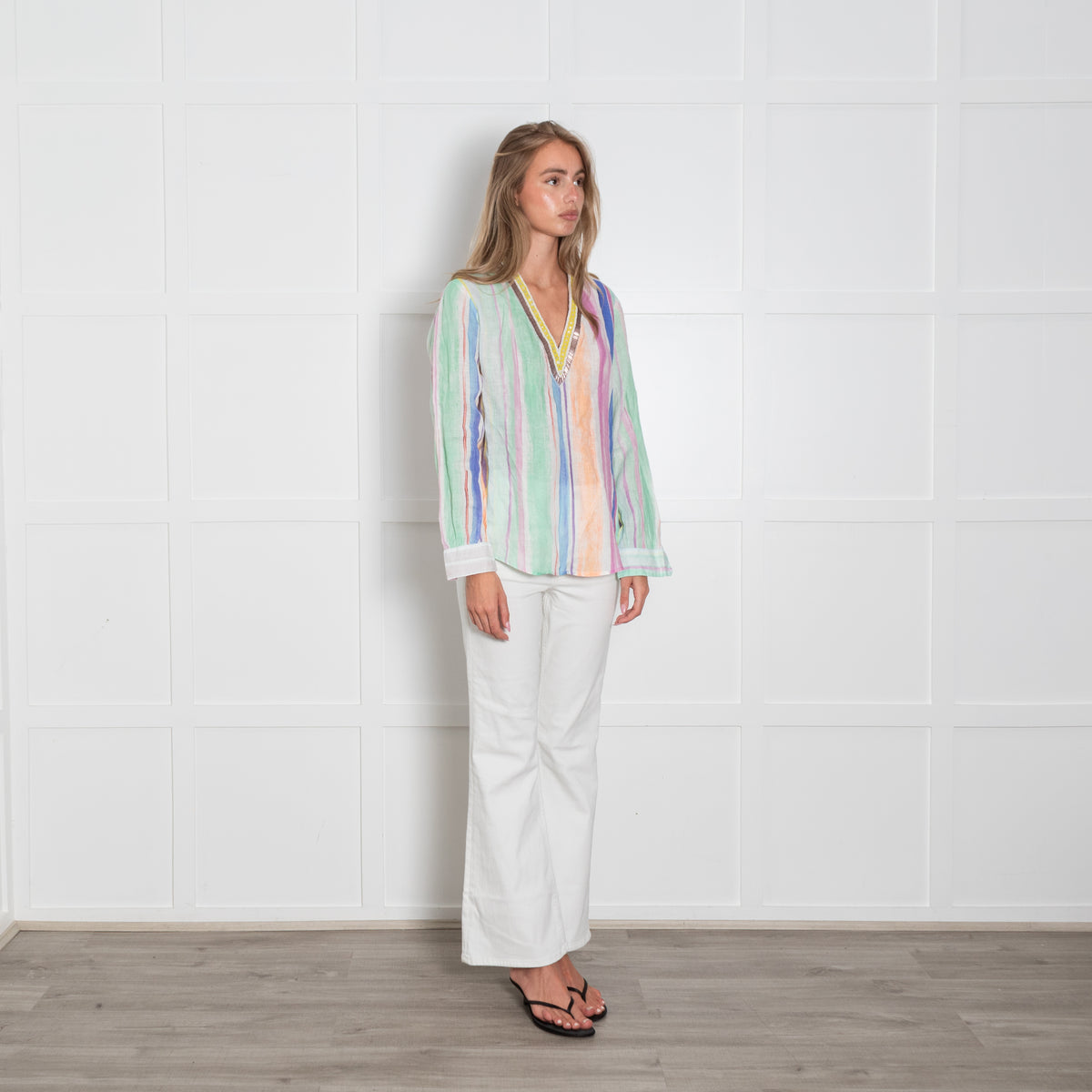 120% Lino Multicolourd Stripe V Neck Top