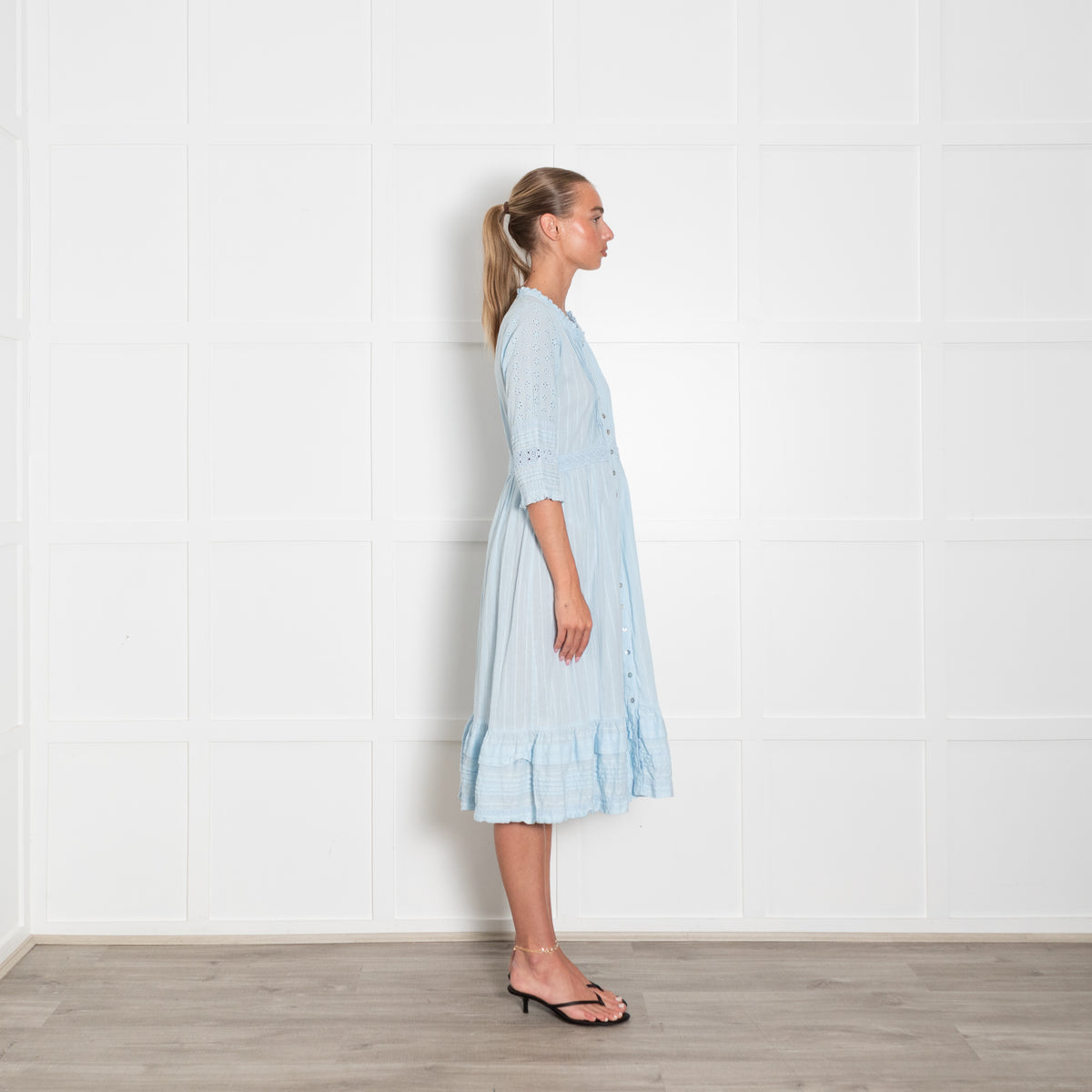 Aspiga Ice Blue Cotton Broidery Sleeved Dress & Slip
