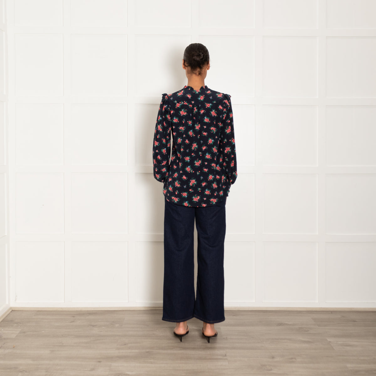 Cefinn Navy Blue Red Pink Rose Print Silk Blouse