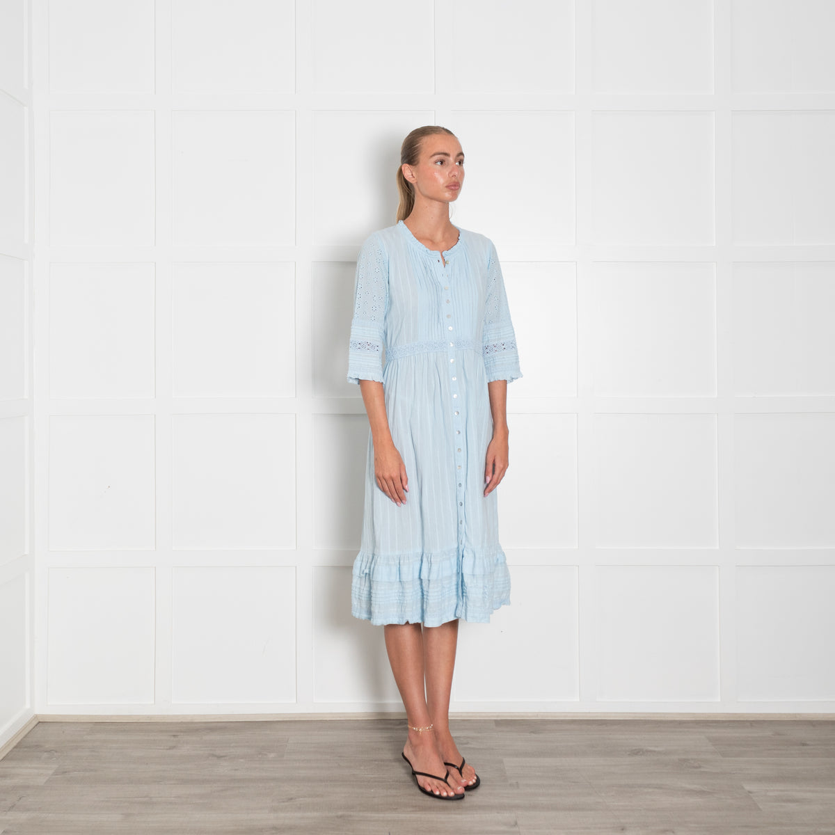 Aspiga Ice Blue Cotton Broidery Sleeved Dress & Slip