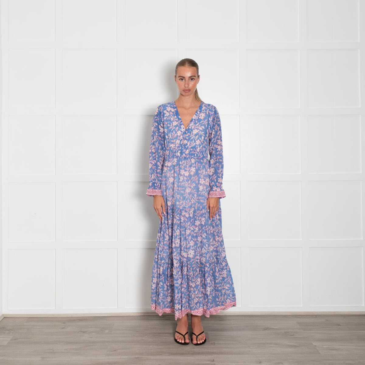 Aspiga Sky Blue Red Cream Floral Print Sleeved Maxi Dress
