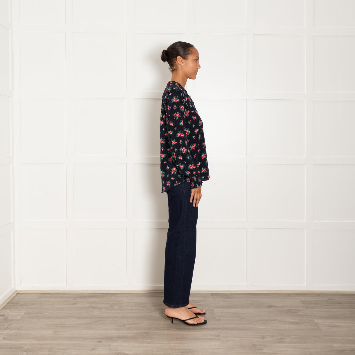 Cefinn Navy Blue Red Pink Rose Print Silk Blouse
