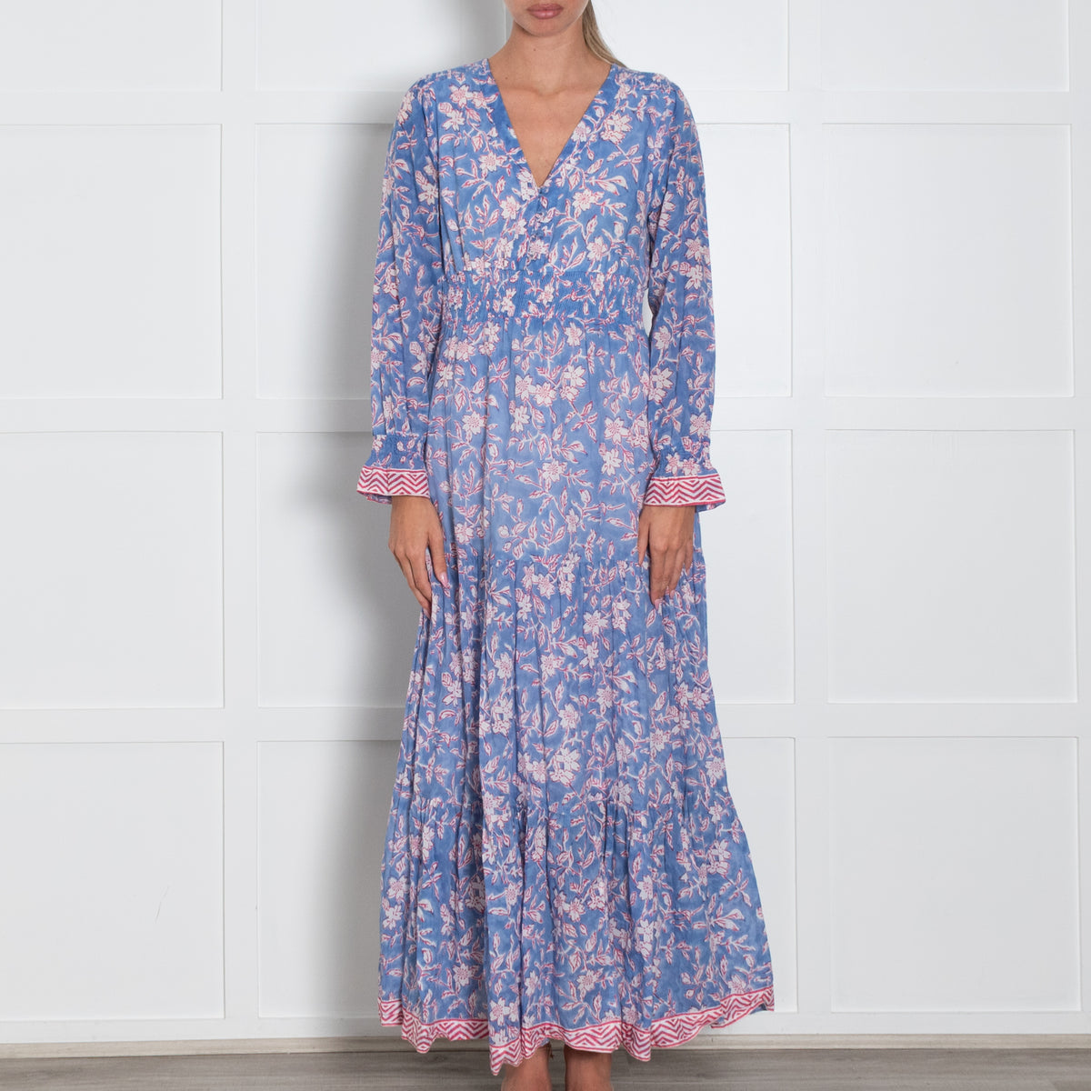 Aspiga Sky Blue Red Cream Floral Print Sleeved Maxi Dress