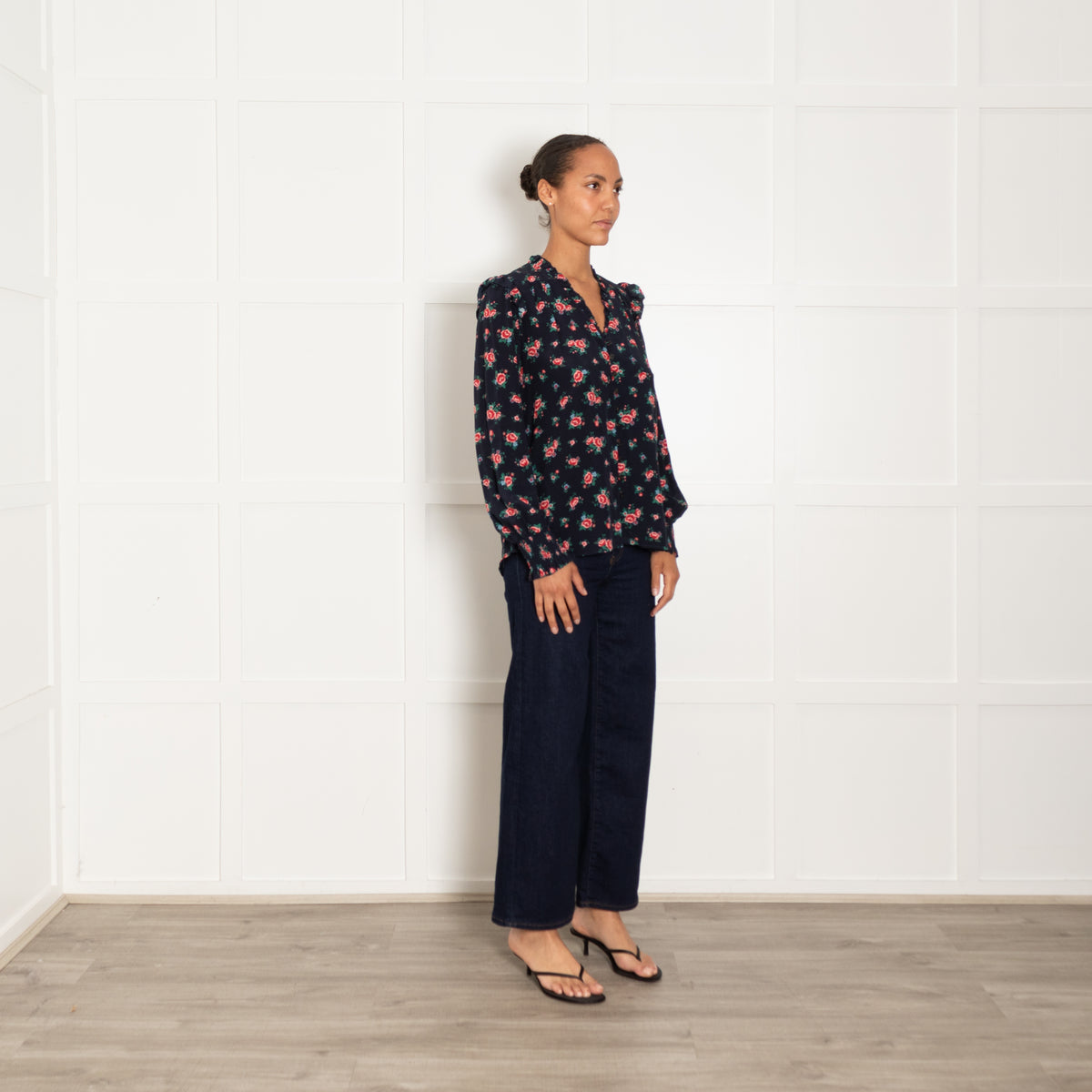 Cefinn Navy Blue Red Pink Rose Print Silk Blouse