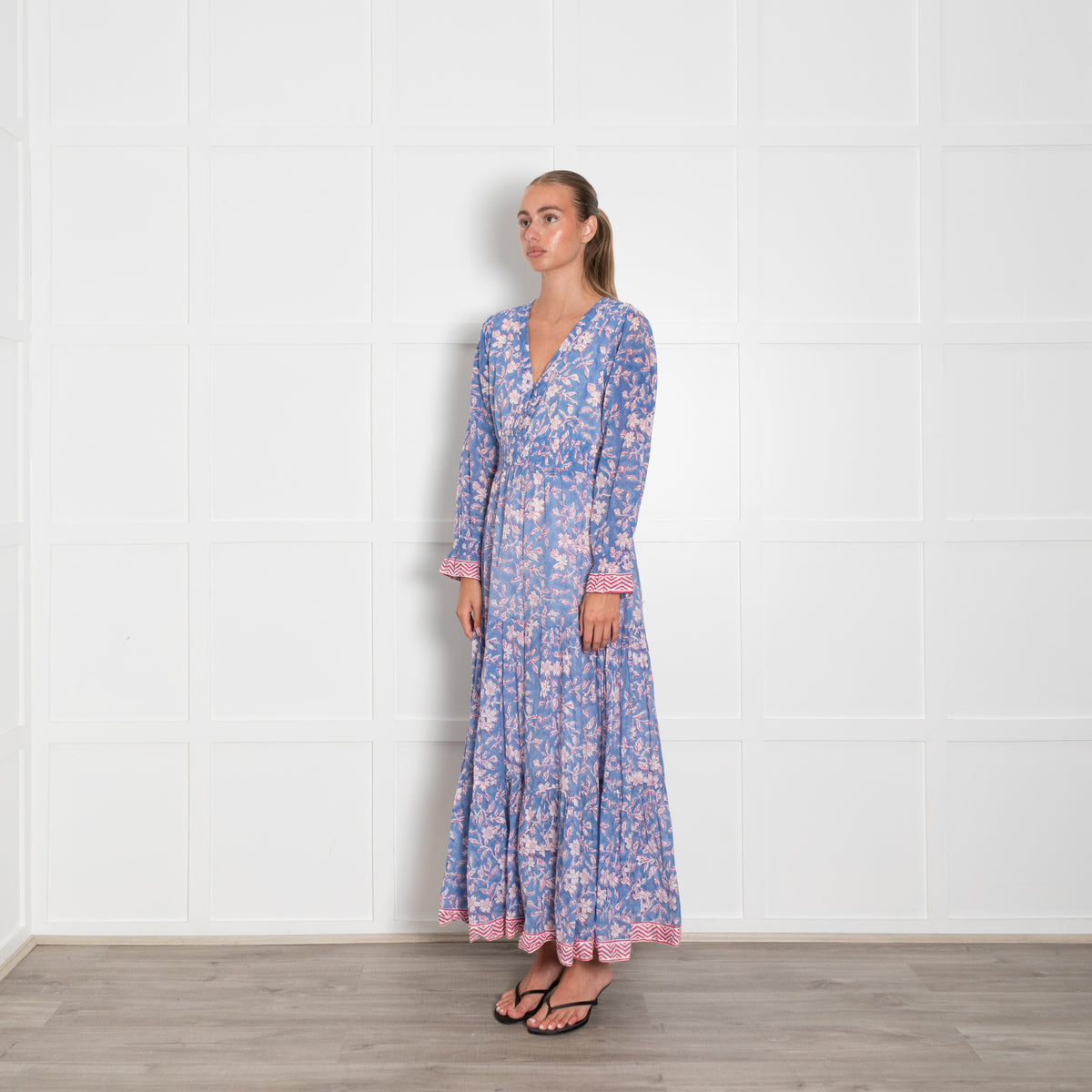 Aspiga Sky Blue Red Cream Floral Print Sleeved Maxi Dress