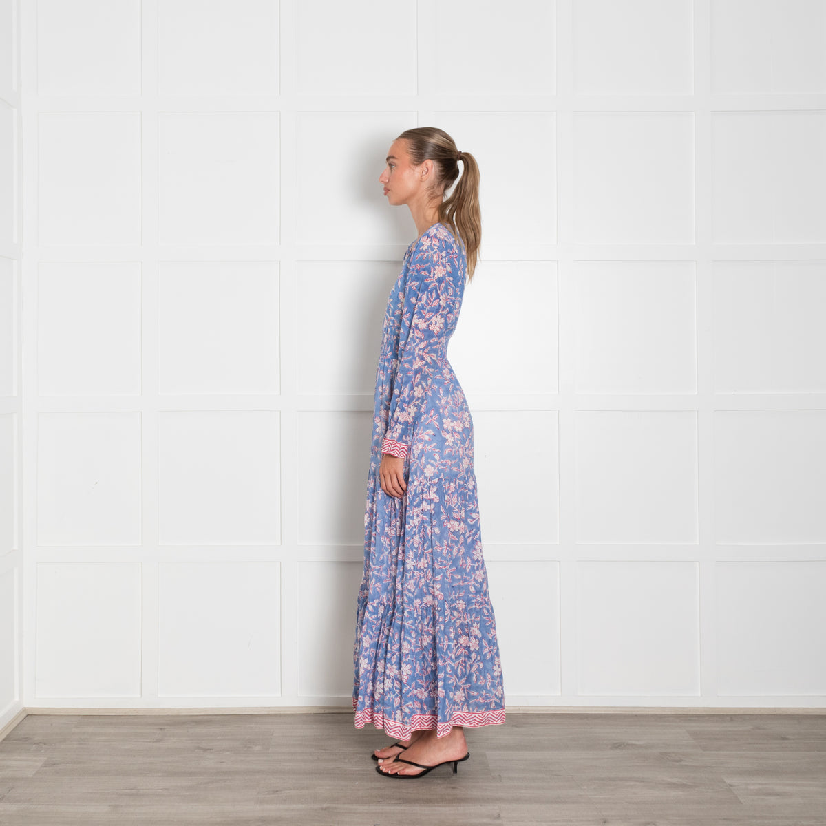 Aspiga Sky Blue Red Cream Floral Print Sleeved Maxi Dress