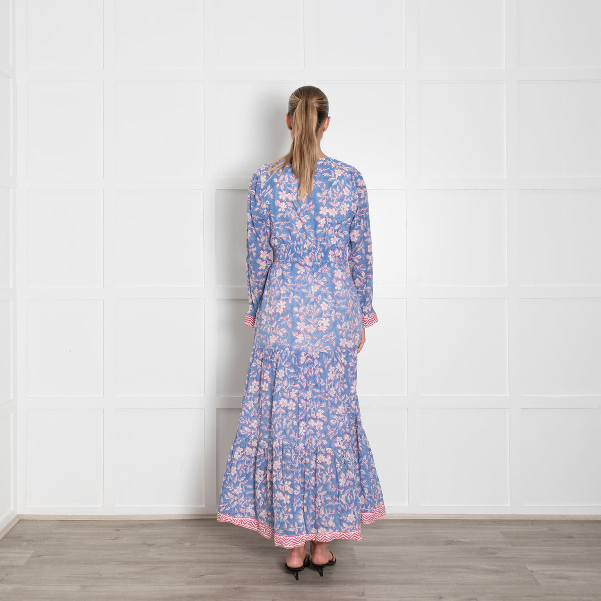 Aspiga Sky Blue Red Cream Floral Print Sleeved Maxi Dress
