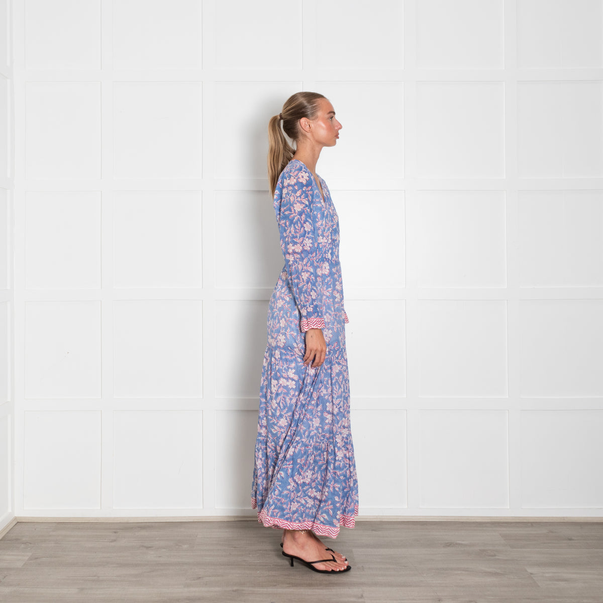 Aspiga Sky Blue Red Cream Floral Print Sleeved Maxi Dress