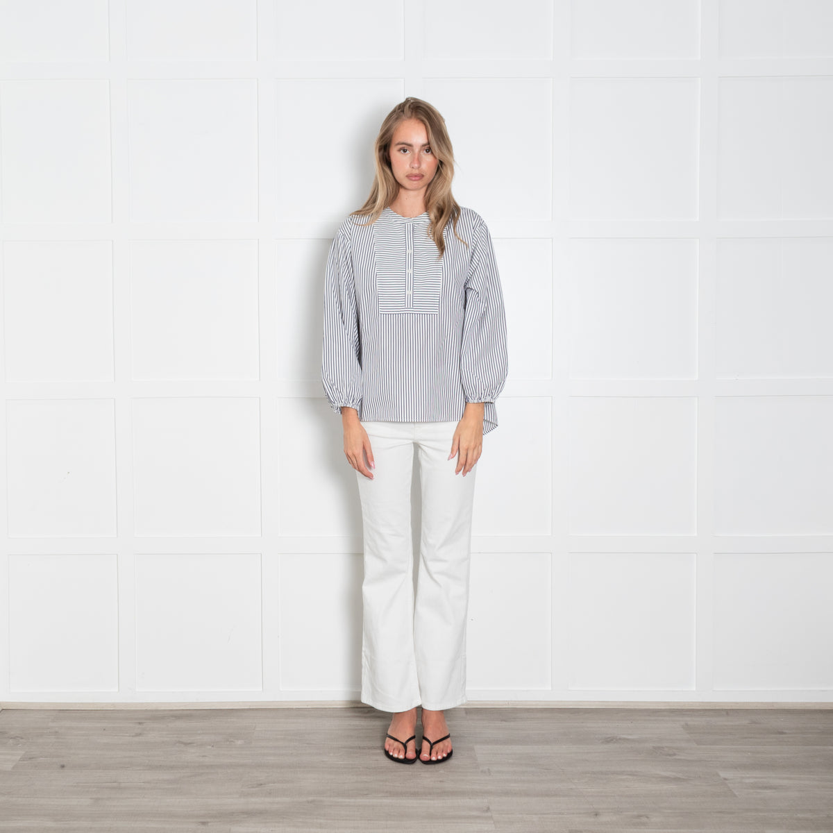 Thomas Mason X J Crew Striped Collarless Drop Hem Cotton Shirt