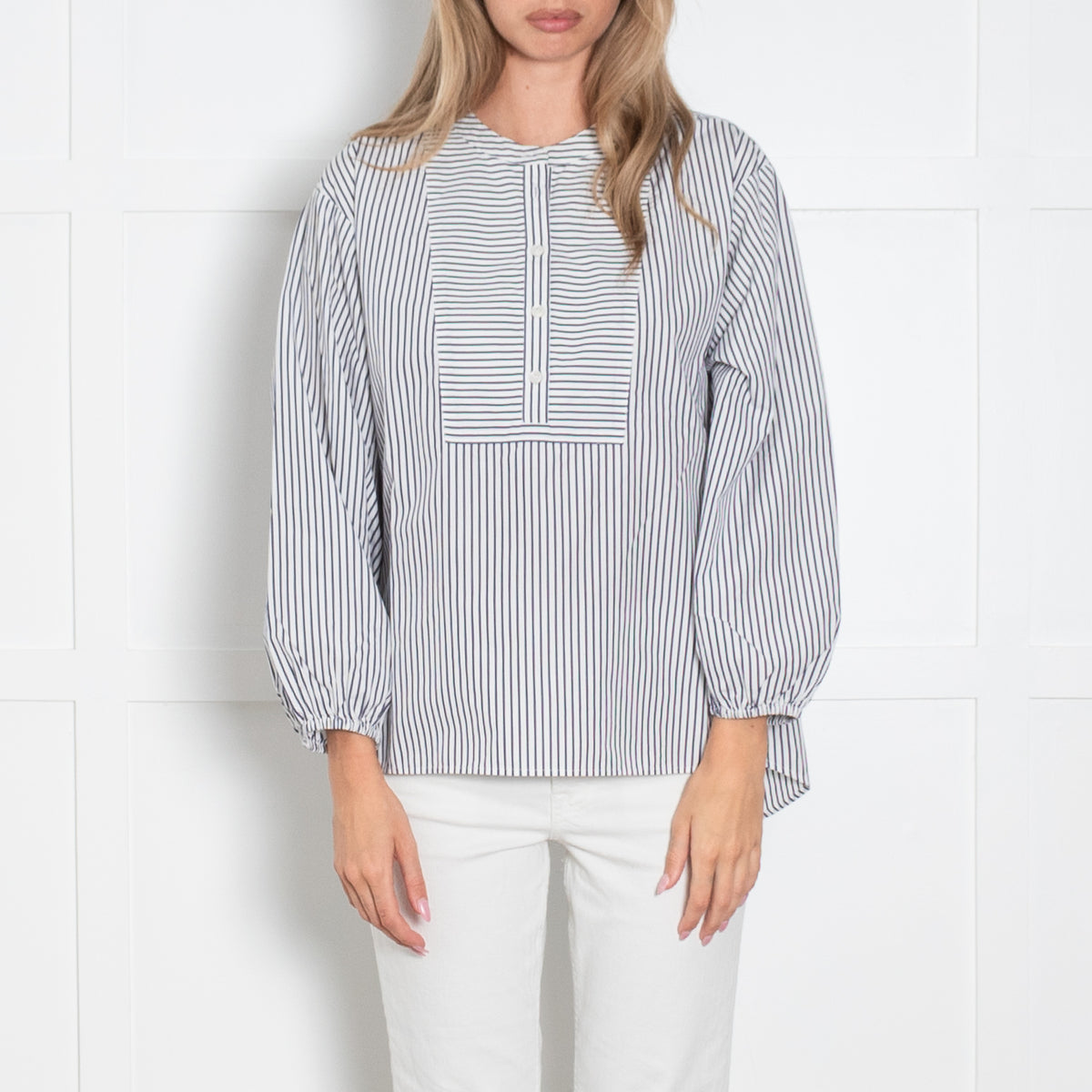 Thomas Mason X J Crew Striped Collarless Drop Hem Cotton Shirt