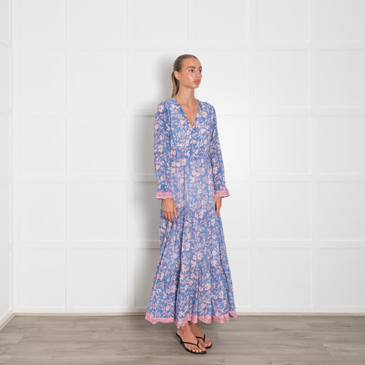 Aspiga Sky Blue Red Cream Floral Print Sleeved Maxi Dress