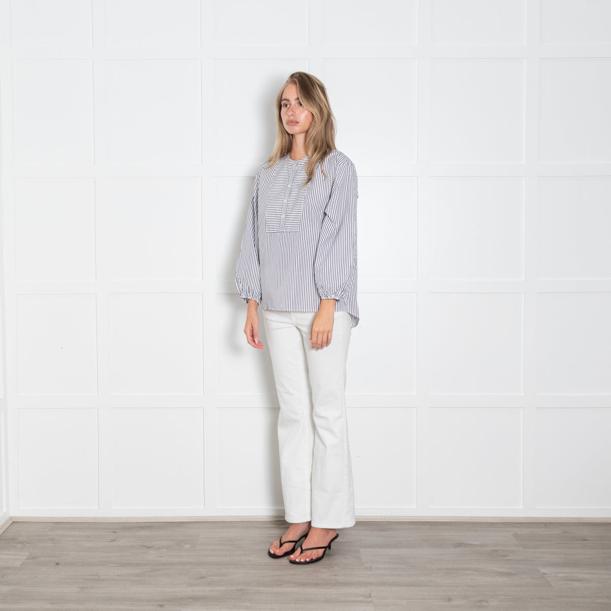 Thomas Mason X J Crew Striped Collarless Drop Hem Cotton Shirt