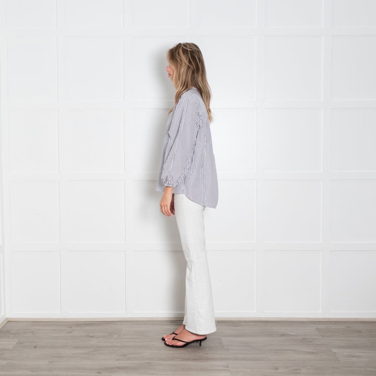 Thomas Mason X J Crew Striped Collarless Drop Hem Cotton Shirt