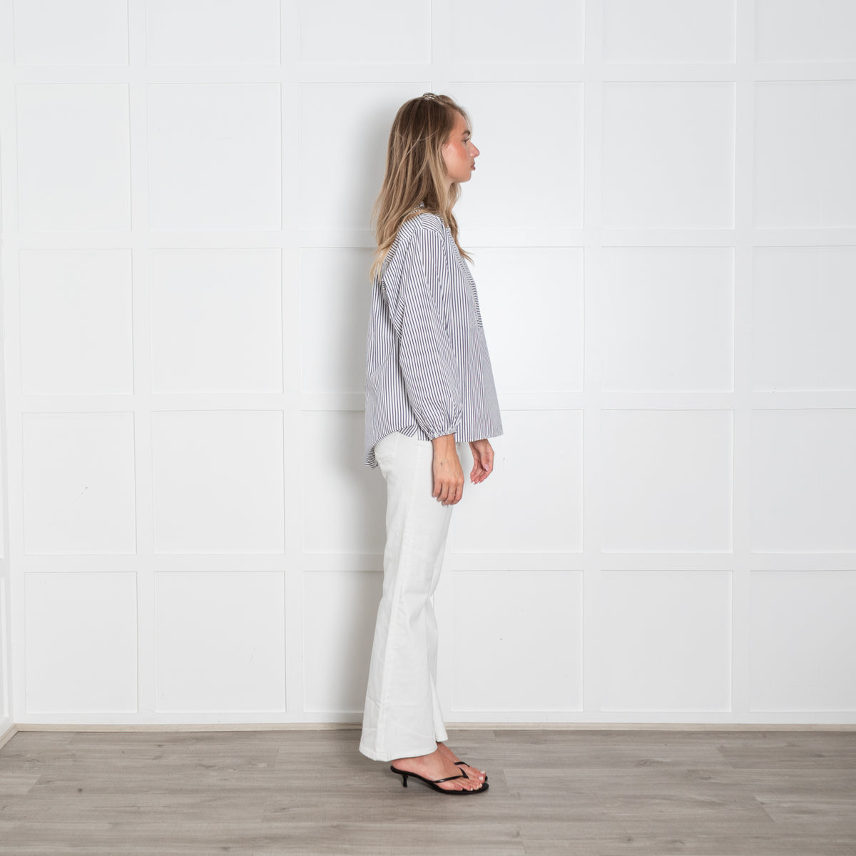 Thomas Mason X J Crew Striped Collarless Drop Hem Cotton Shirt