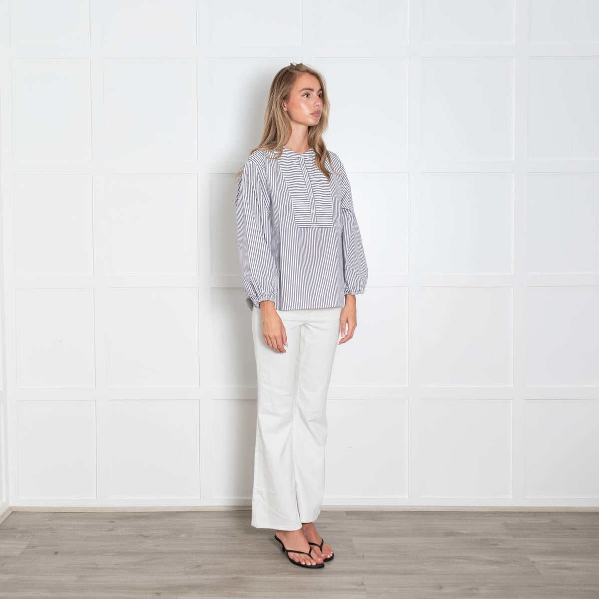 Thomas Mason X J Crew Striped Collarless Drop Hem Cotton Shirt