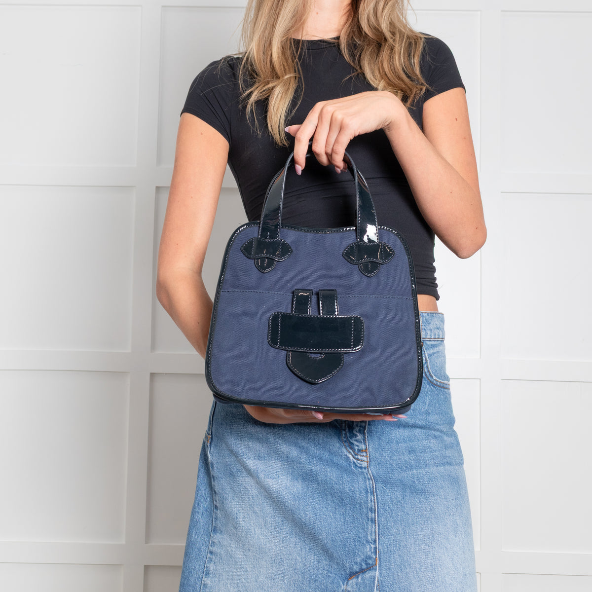 Tila March Navy Bag with Patent Trim