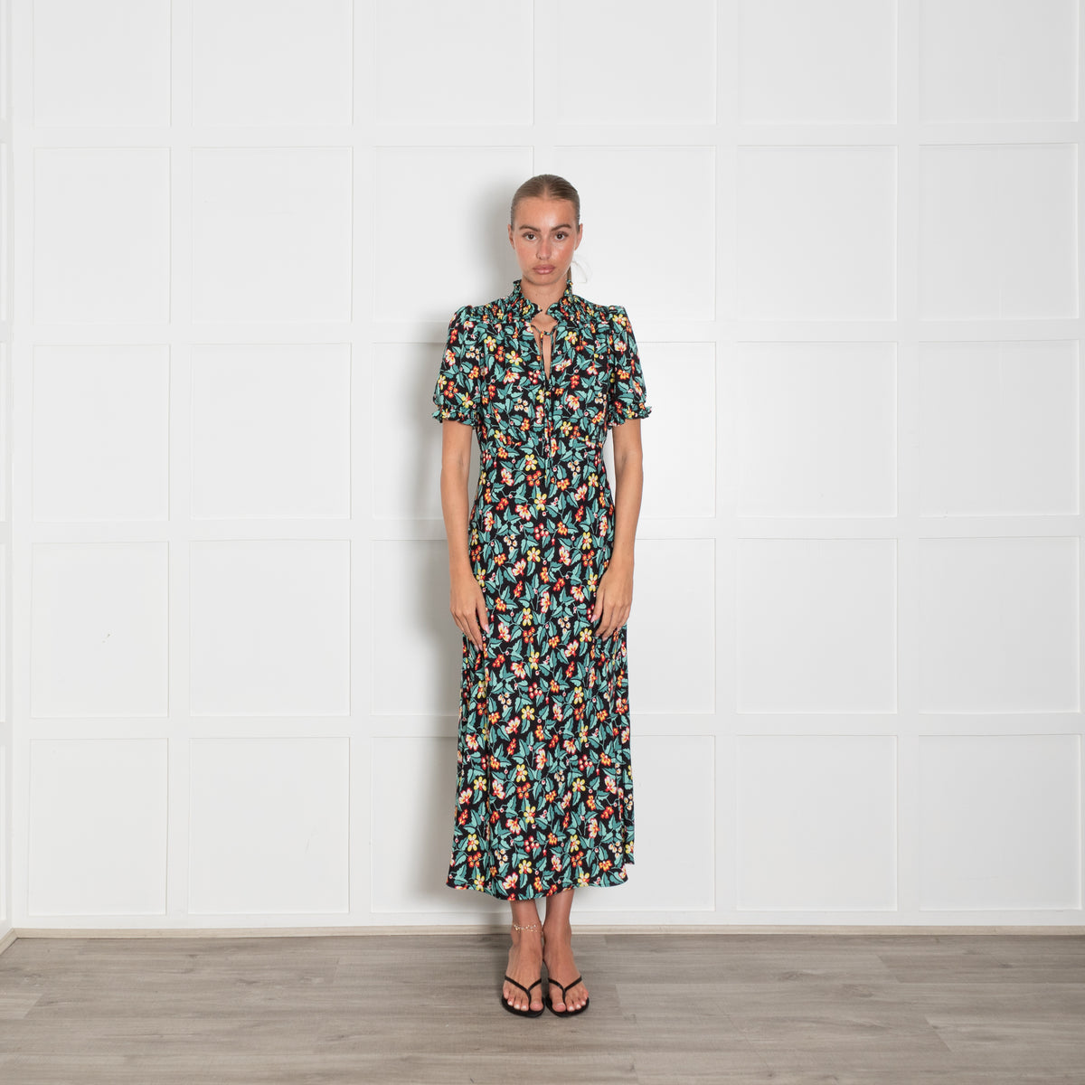 Cefinn Black Yellow Red Green Floral Print Short Sleeved Maxi Dress