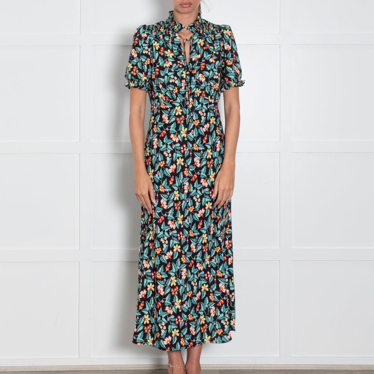 Cefinn Black Yellow Red Green Floral Print Short Sleeved Maxi Dress