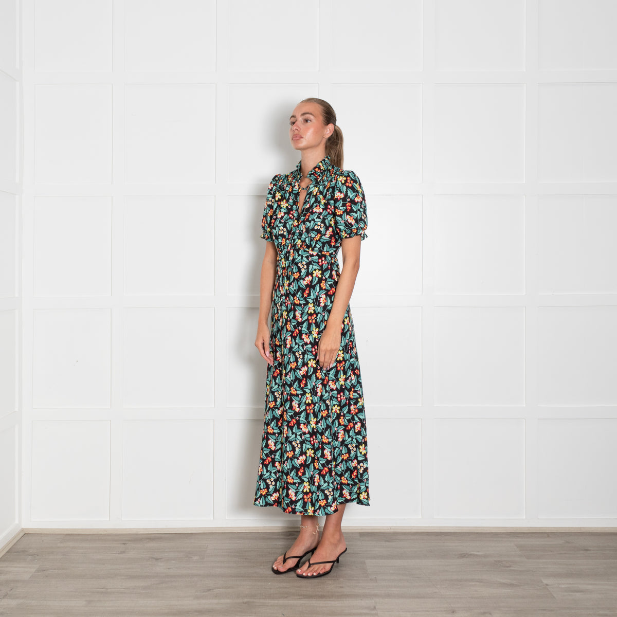 Cefinn Black Yellow Red Green Floral Print Short Sleeved Maxi Dress