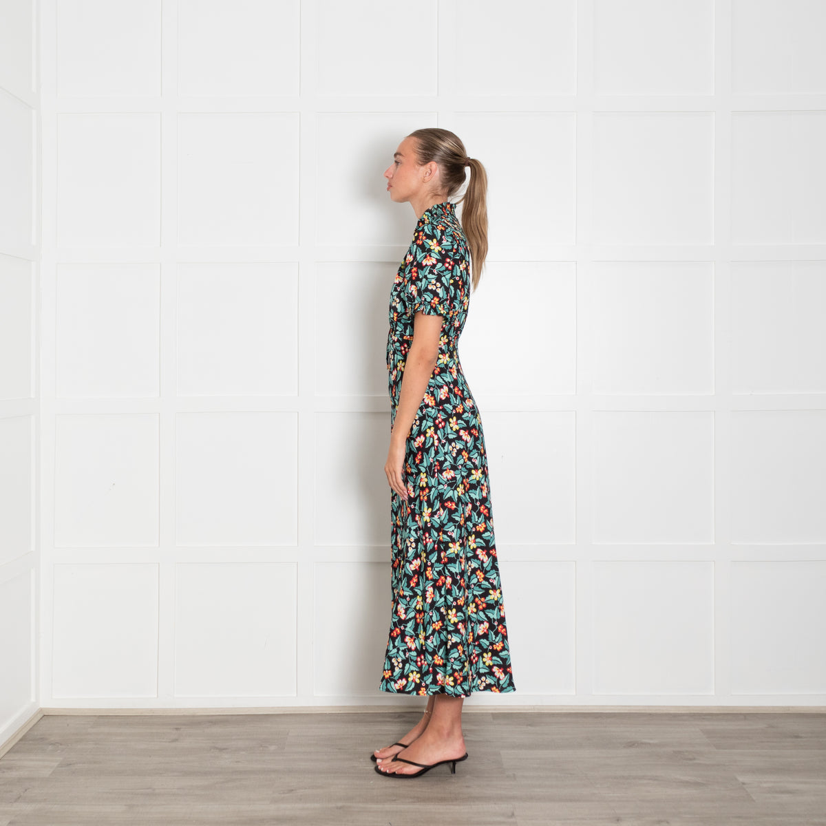 Cefinn Black Yellow Red Green Floral Print Short Sleeved Maxi Dress