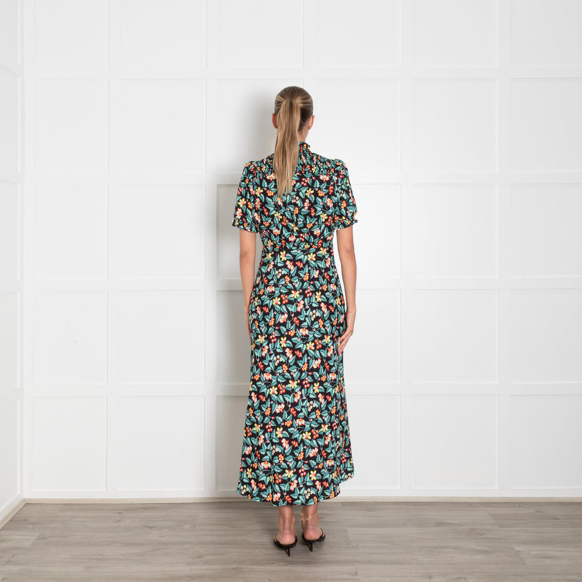 Cefinn Black Yellow Red Green Floral Print Short Sleeved Maxi Dress