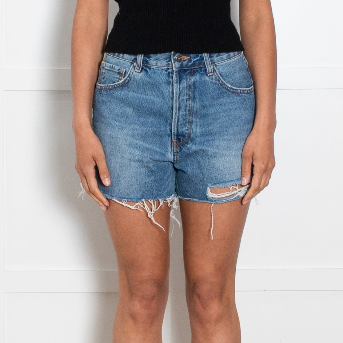 Anine Bing Button Front Dark Denim Cut Off Shorts