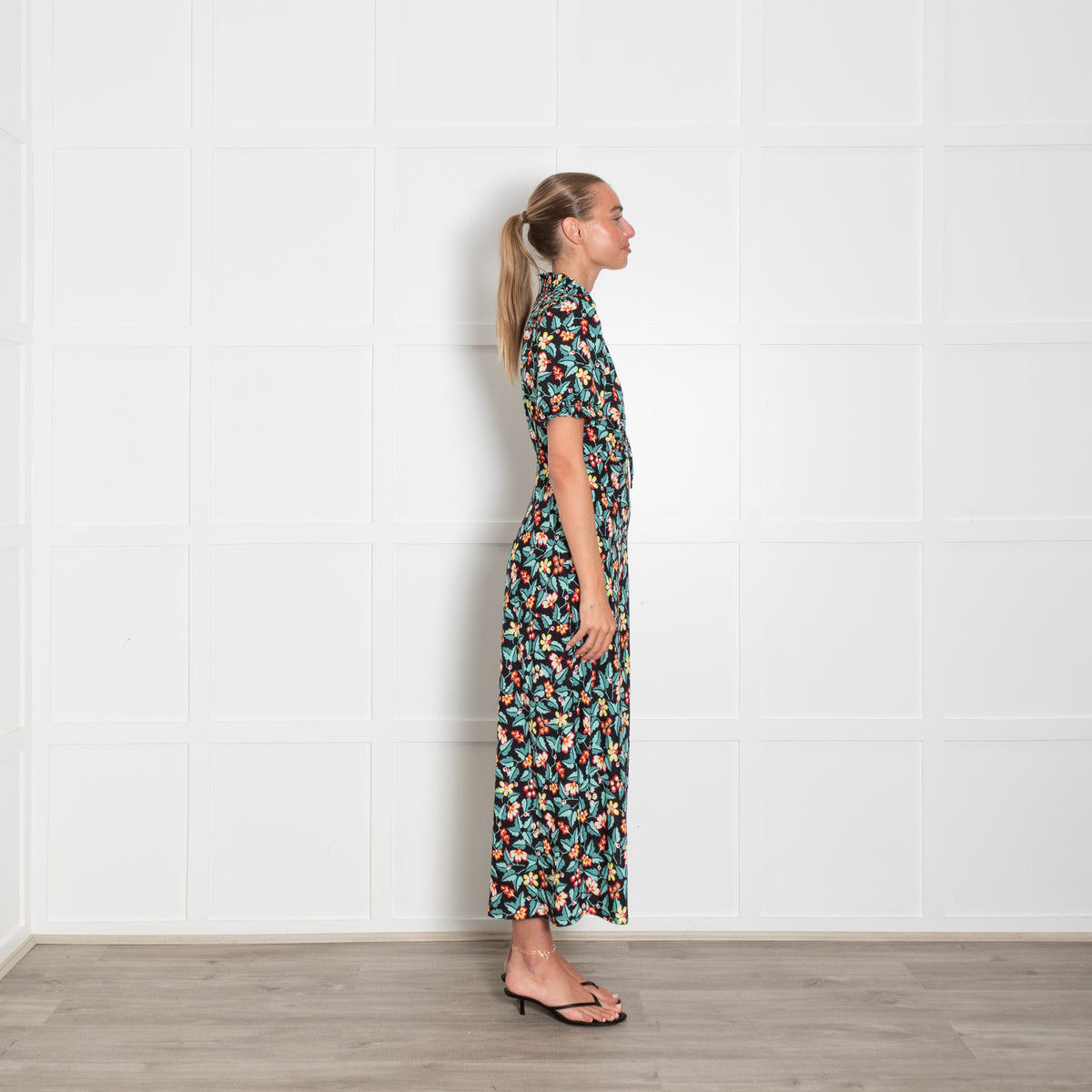 Cefinn Black Yellow Red Green Floral Print Short Sleeved Maxi Dress