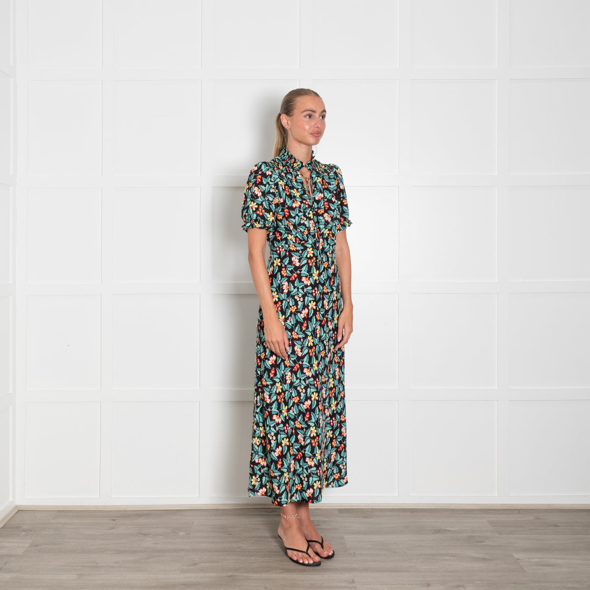 Cefinn Black Yellow Red Green Floral Print Short Sleeved Maxi Dress