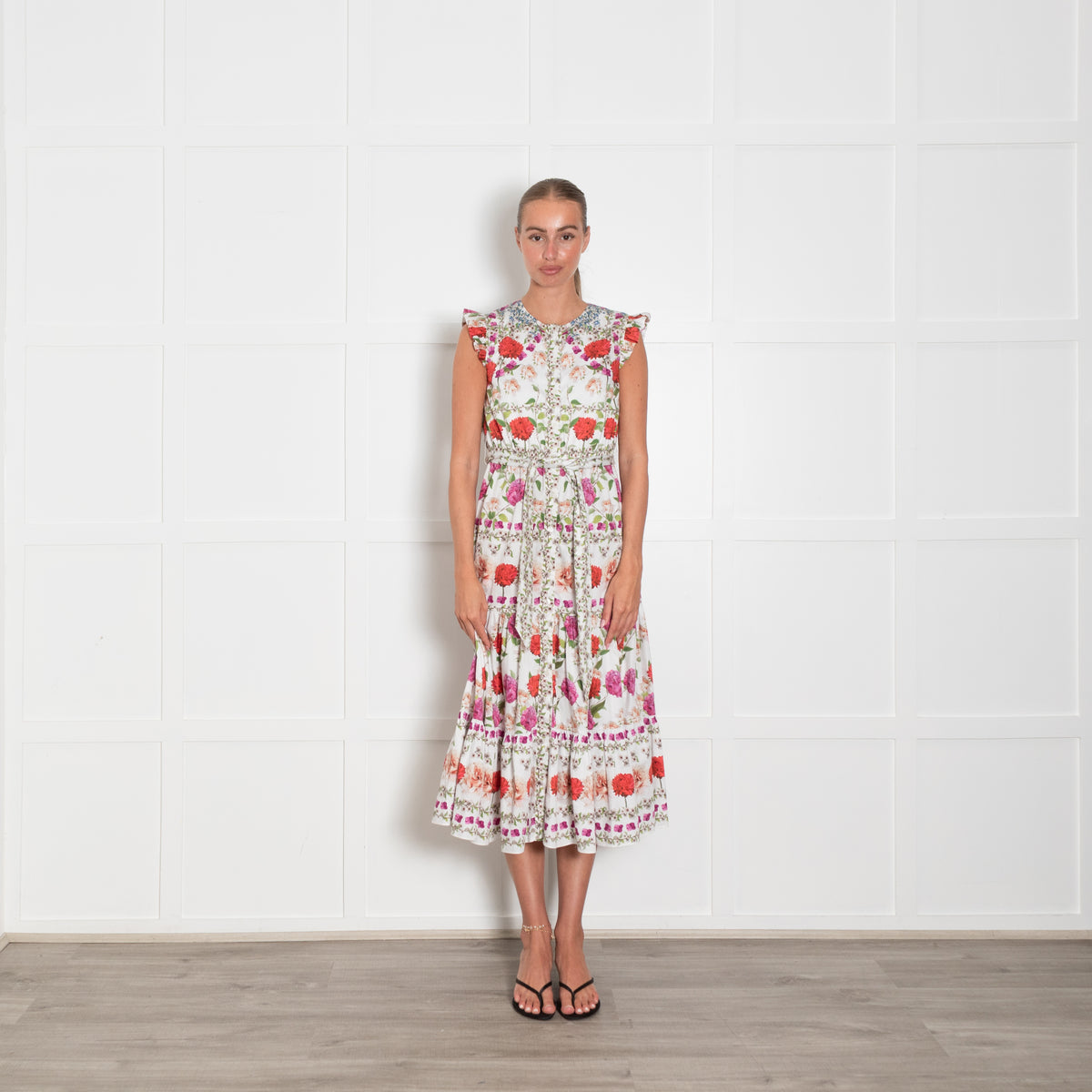 Borgo De Nor White Red Purple Green Multi Floral Sleeveless Midi Belted Dress