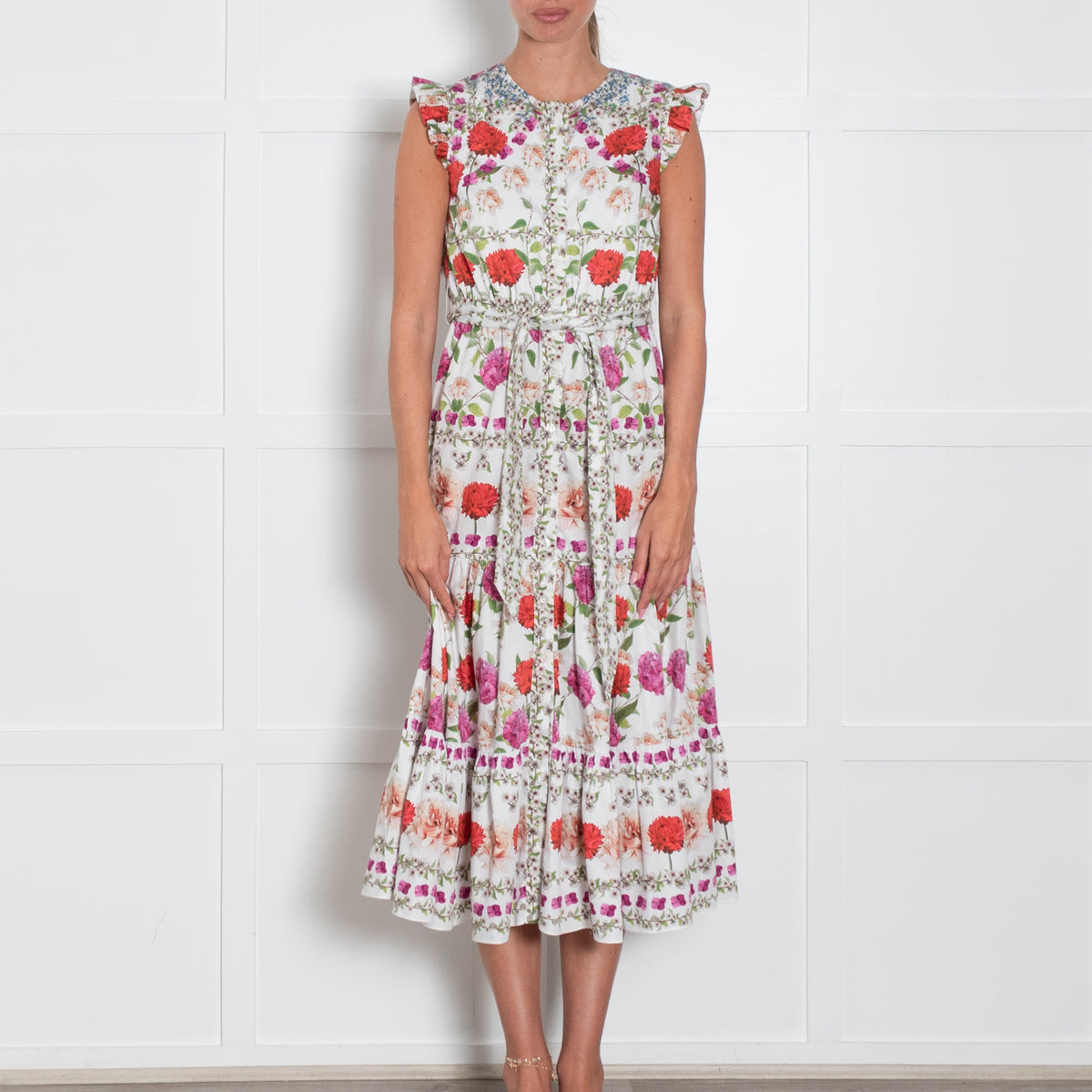 Borgo De Nor White Red Purple Green Multi Floral Sleeveless Midi Belted Dress